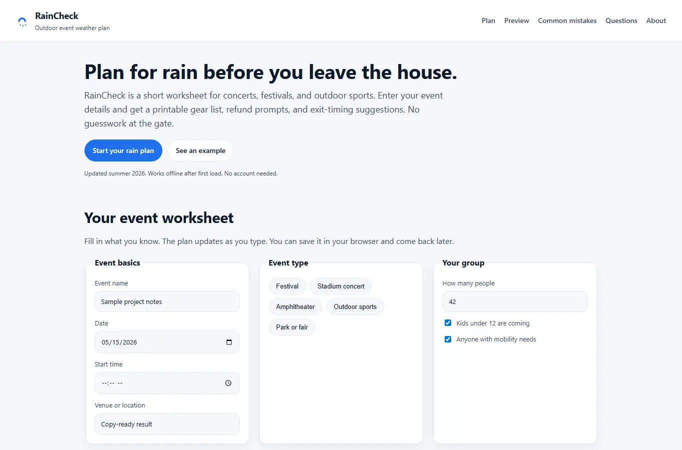 Screenshot of RainCheck: Outdoor Event Weather Plan interface showing the project page in use